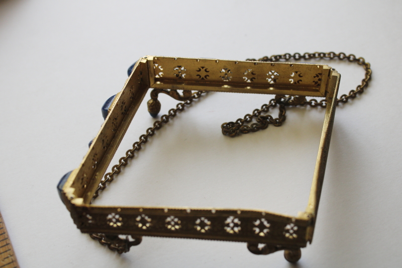 photo of flapper era vintage evening bag purse frame, gold tone metal w/ lapis blue faux gemstone cabochons  #2