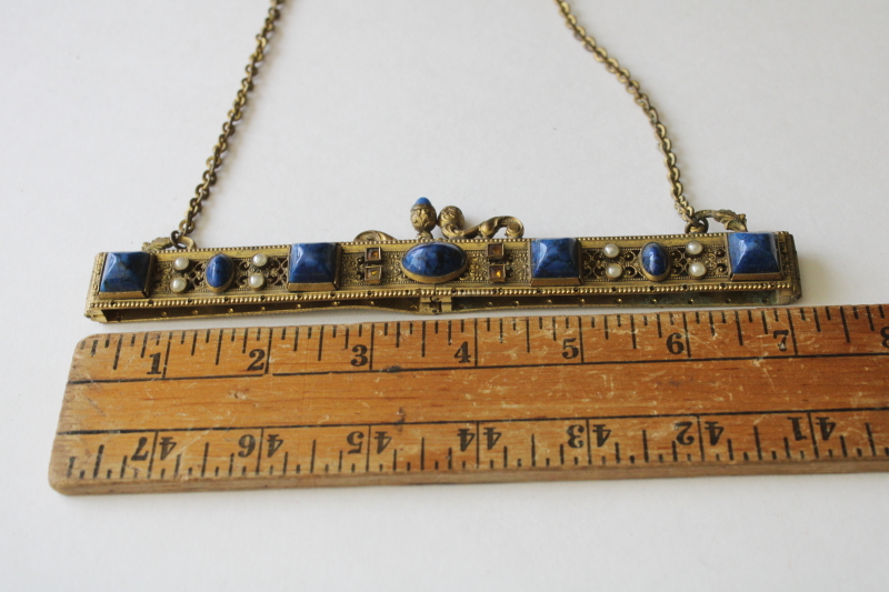 photo of flapper era vintage evening bag purse frame, gold tone metal w/ lapis blue faux gemstone cabochons  #3