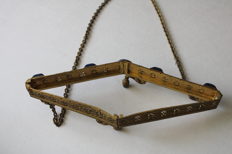 photo of flapper era vintage evening bag purse frame, gold tone metal w/ lapis blue faux gemstone cabochons  #4