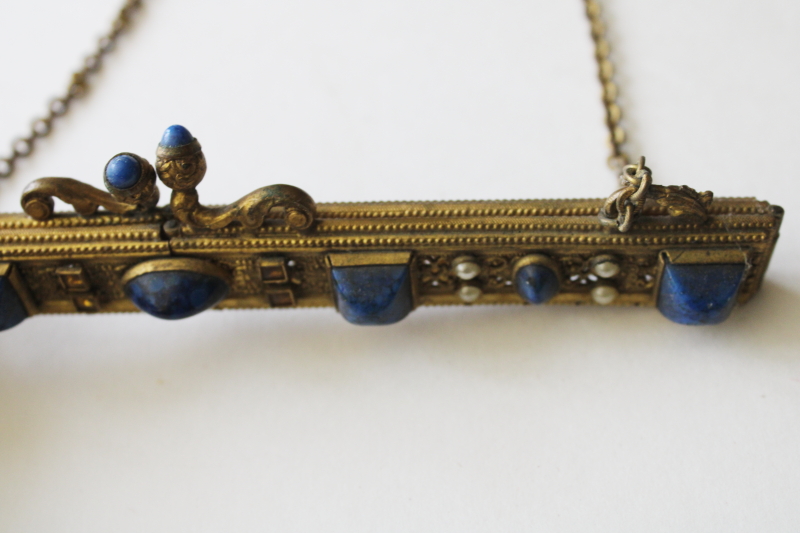 photo of flapper era vintage evening bag purse frame, gold tone metal w/ lapis blue faux gemstone cabochons  #5