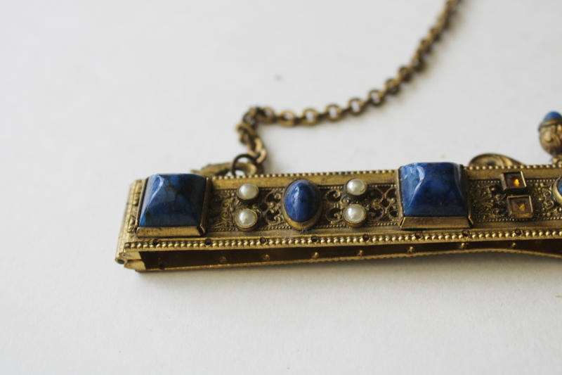 photo of flapper era vintage evening bag purse frame, gold tone metal w/ lapis blue faux gemstone cabochons  #6