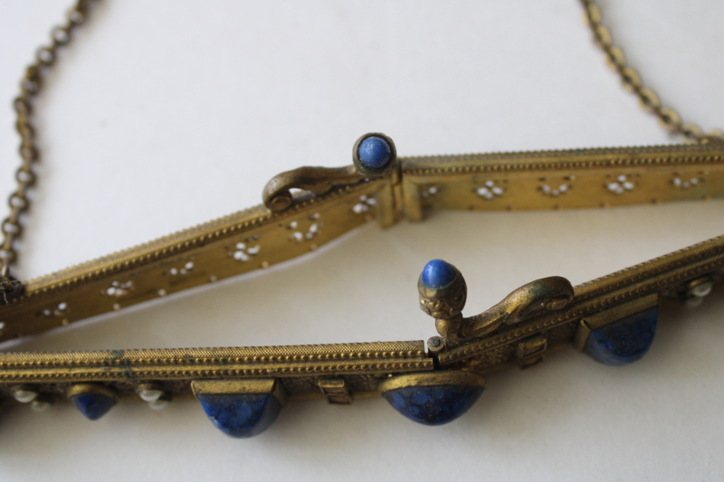 photo of flapper era vintage evening bag purse frame, gold tone metal w/ lapis blue faux gemstone cabochons  #7
