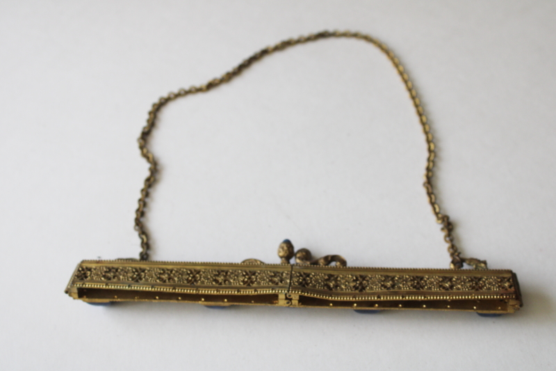 photo of flapper era vintage evening bag purse frame, gold tone metal w/ lapis blue faux gemstone cabochons  #8