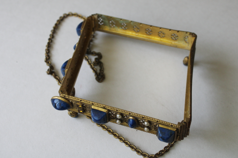 photo of flapper era vintage evening bag purse frame, gold tone metal w/ lapis blue faux gemstone cabochons  #10