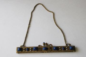 catalog photo of flapper era vintage evening bag purse frame, gold tone metal w/ lapis blue faux gemstone cabochons 