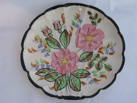 photo of flat shell shaped plate, vintage Blue Ridge pottery hand-painted Midnight floral #1