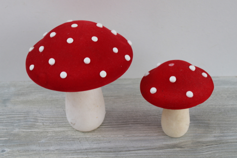 photo of flocked mushrooms red & white amanita toadstool 70s vintage magic shrooms decor #2