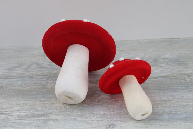 photo of flocked mushrooms red & white amanita toadstool 70s vintage magic shrooms decor #5