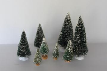 catalog photo of flocked snow bottle brush trees for farmhouse Christmas village or holiday decorations