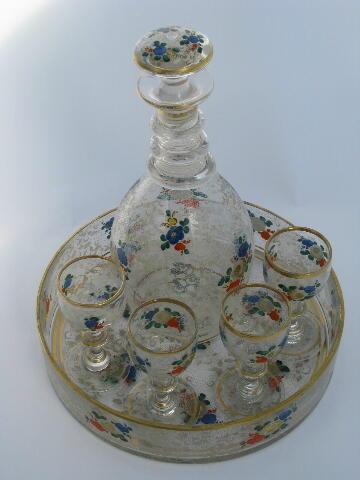 photo of floral chintz vintage Italian glass sherry set, decanter bottle, tray, glasses #1