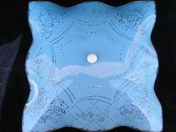 catalog photo of floral on blue, vintage glass ceiling light w/shade