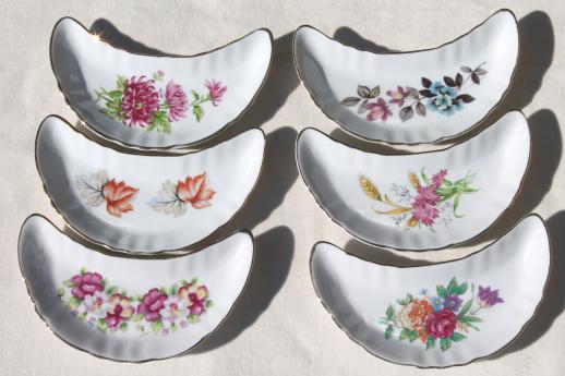 photo of floral porcelain bone dishes or crescent shaped salad plates, vintage side plates set #1