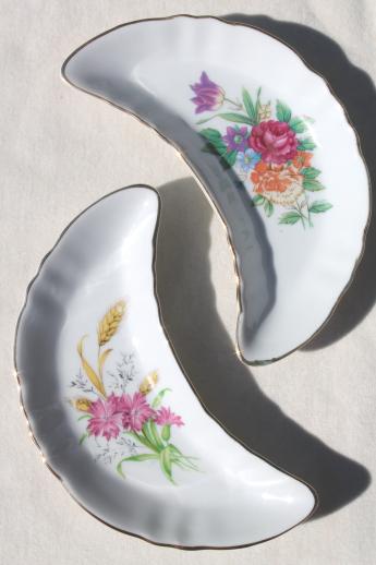 photo of floral porcelain bone dishes or crescent shaped salad plates, vintage side plates set #3