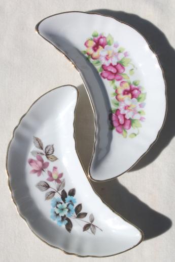 photo of floral porcelain bone dishes or crescent shaped salad plates, vintage side plates set #4