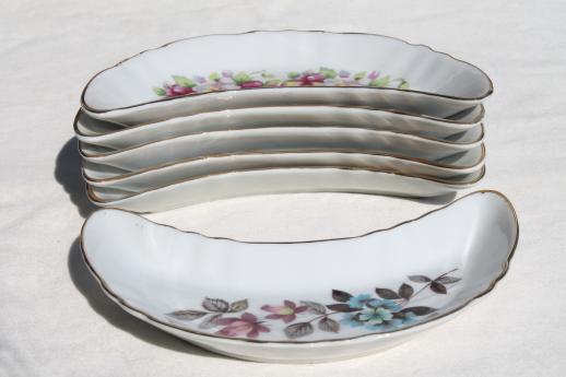 photo of floral porcelain bone dishes or crescent shaped salad plates, vintage side plates set #5