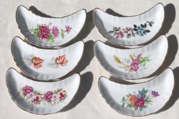 catalog photo of floral porcelain bone dishes or crescent shaped salad plates, vintage side plates set