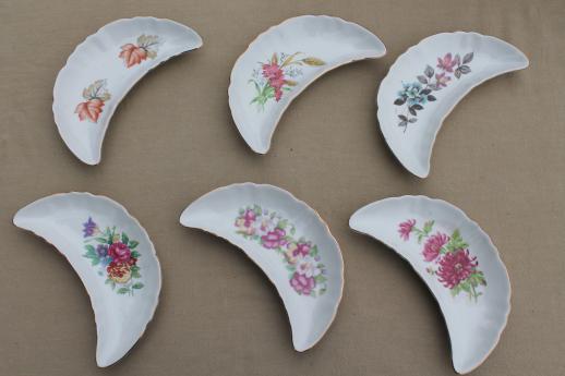 photo of floral porcelain bone dishes or crescent shaped salad plates, vintage side plates set #1