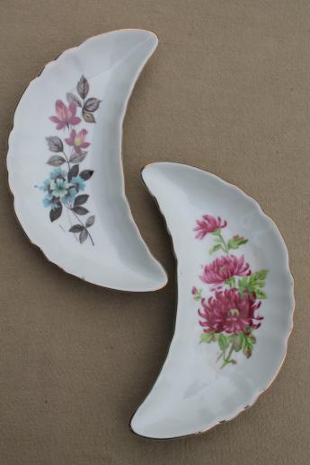 photo of floral porcelain bone dishes or crescent shaped salad plates, vintage side plates set #2