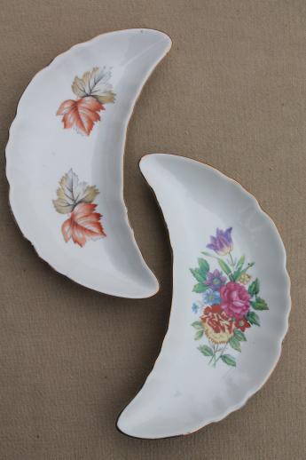 photo of floral porcelain bone dishes or crescent shaped salad plates, vintage side plates set #3