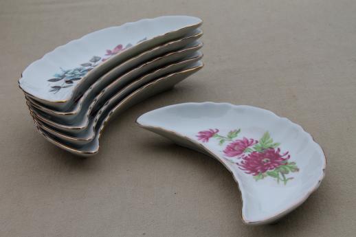 photo of floral porcelain bone dishes or crescent shaped salad plates, vintage side plates set #5