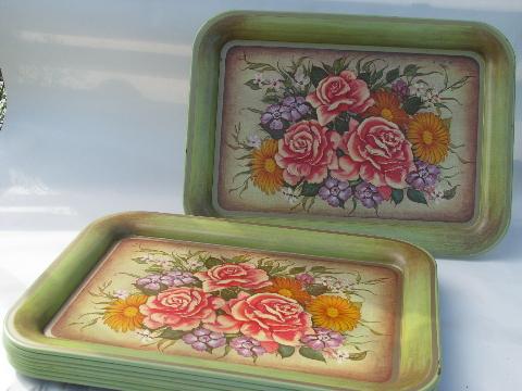 photo of floral print metal litho meal or lap trays, jadite green w/ pink roses #1