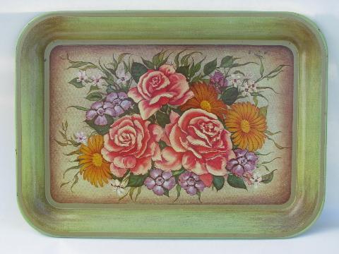 photo of floral print metal litho meal or lap trays, jadite green w/ pink roses #2