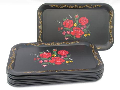 photo of floral print metal litho meal or lap trays, pink roses on black #1