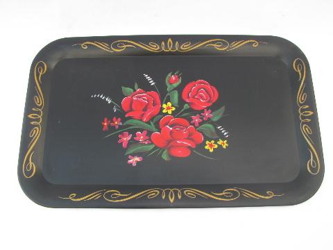 photo of floral print metal litho meal or lap trays, pink roses on black #2