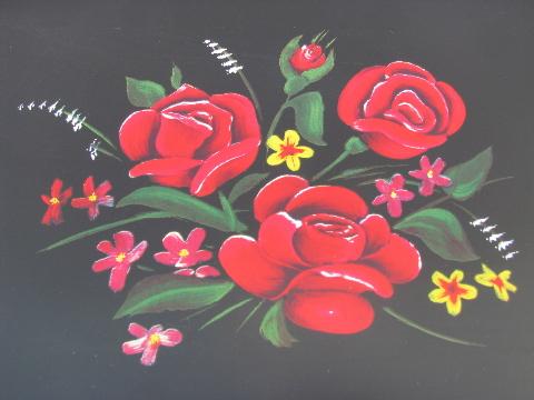 photo of floral print metal litho meal or lap trays, pink roses on black #3