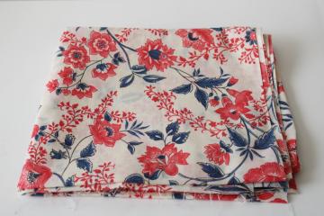 floral print vintage cotton poly blend fabric, 80s English country style flowers in red pink & blue 