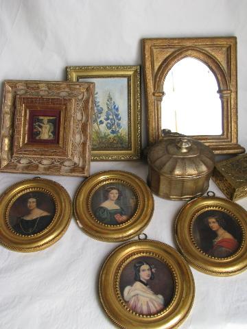 photo of florentine gold, lot of vintage picture frames, framed mirror, covered boxes #1