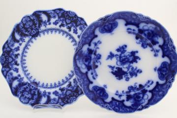 catalog photo of flow blue & white antique English china plates, Hamilton Meakin & Florida Johnson Bros