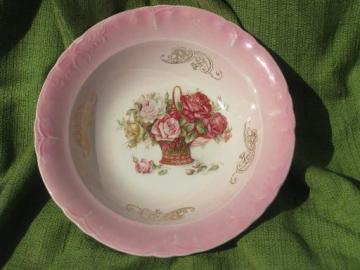 catalog photo of flower basket full of cabbage roses, large unmarked antique china bowl