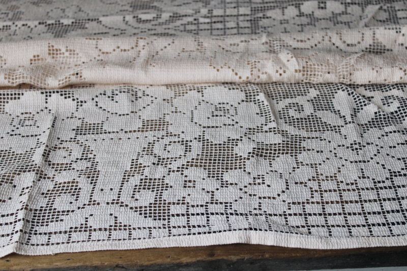 photo of flower basket lace tablecloth, vintage Quaker lace type cloth ecru cotton fabric #6