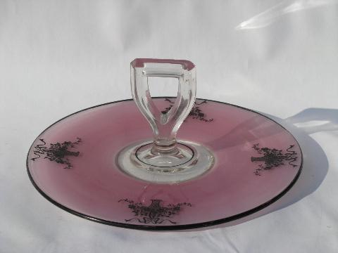 photo of flower basket silhouettes, black on plum art deco vintage glass sandwich plate #1