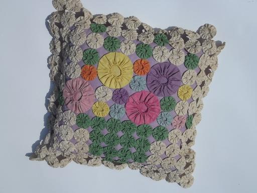 photo of flower basket yoyo patchwork throw pillow, all vintage cotton prints #1