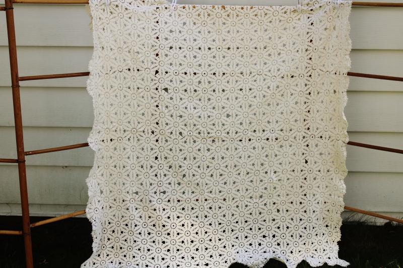 photo of flower crochet vintage lace tablecloth, shabby cottage decor or upcycle fabric #2