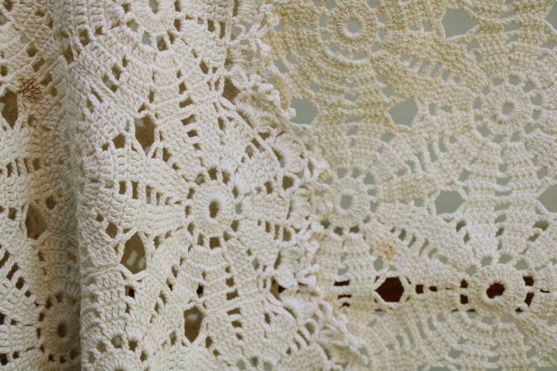 photo of flower crochet vintage lace tablecloth, shabby cottage decor or upcycle fabric #3