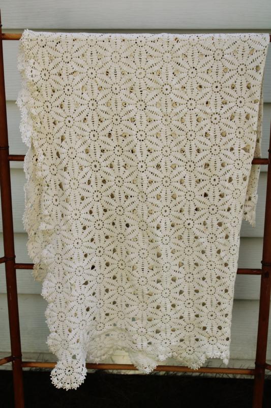 photo of flower crochet vintage lace tablecloth, shabby cottage decor or upcycle fabric #7