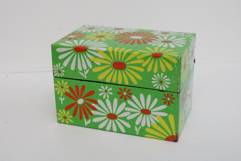 photo of flower power vintage metal file card recipe box, orange & white daisies on lime green #1