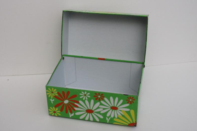 photo of flower power vintage metal file card recipe box, orange & white daisies on lime green #2