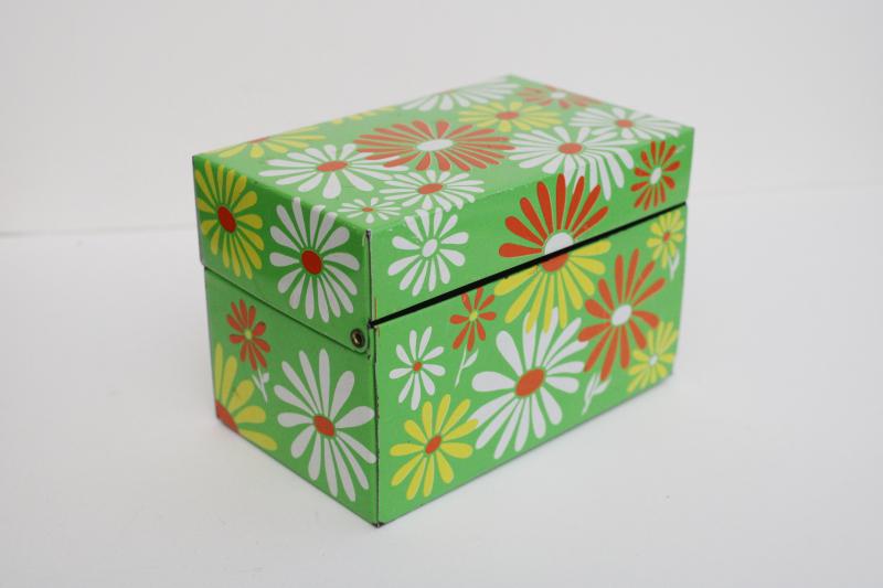 photo of flower power vintage metal file card recipe box, orange & white daisies on lime green #4