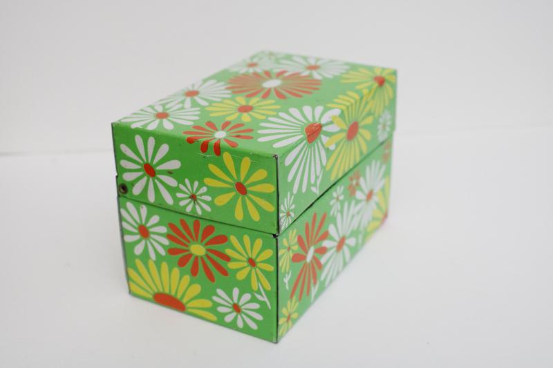 photo of flower power vintage metal file card recipe box, orange & white daisies on lime green #5