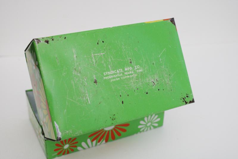 photo of flower power vintage metal file card recipe box, orange & white daisies on lime green #6