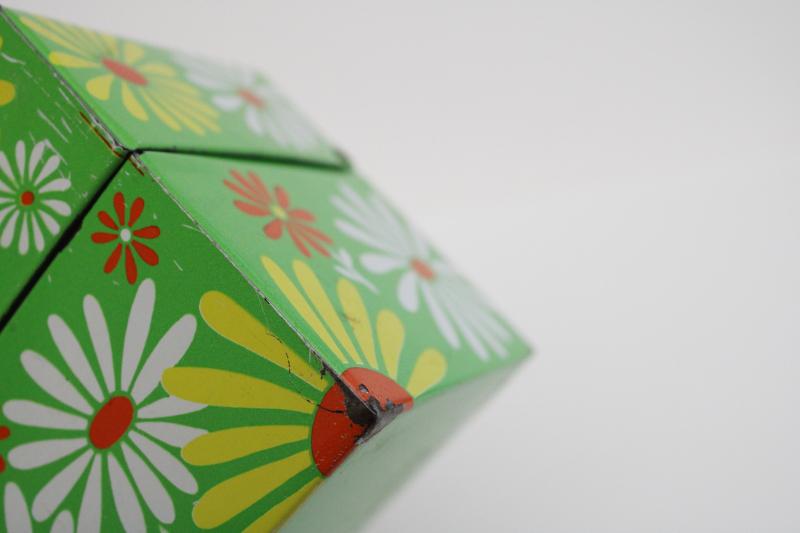 photo of flower power vintage metal file card recipe box, orange & white daisies on lime green #7