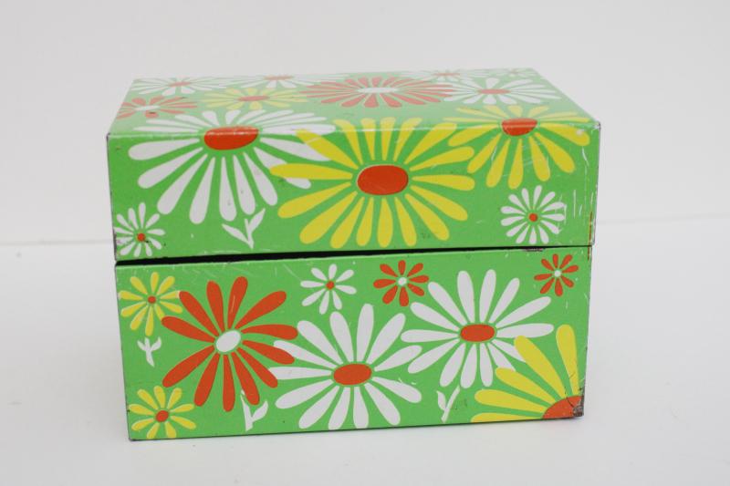 photo of flower power vintage metal file card recipe box, orange & white daisies on lime green #8