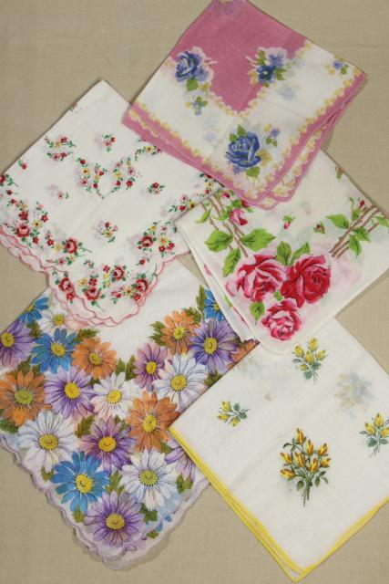 photo of flower print cotton hankies, vintage hanky lot, 25 handkerchiefs w/ pretty florals #8