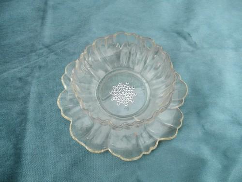 photo of flower shaped glass mayonnaise or sauce bowl w/ attached underplate #1