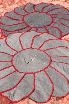 catalog photo of flower shaped vintage rugs - blanket stitched wool, cotton grain sack fabric & flowered barkcloth