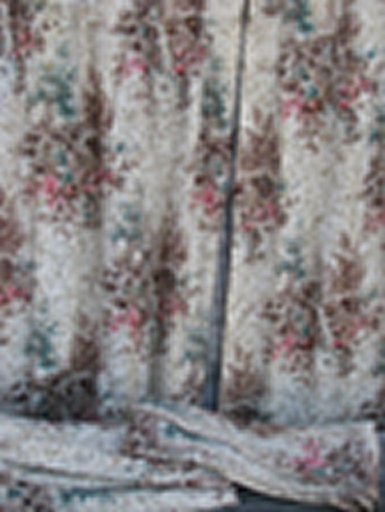 photo of flowering trees and mill scene print vintage cotton barkcloth fabric, curtains lot #1